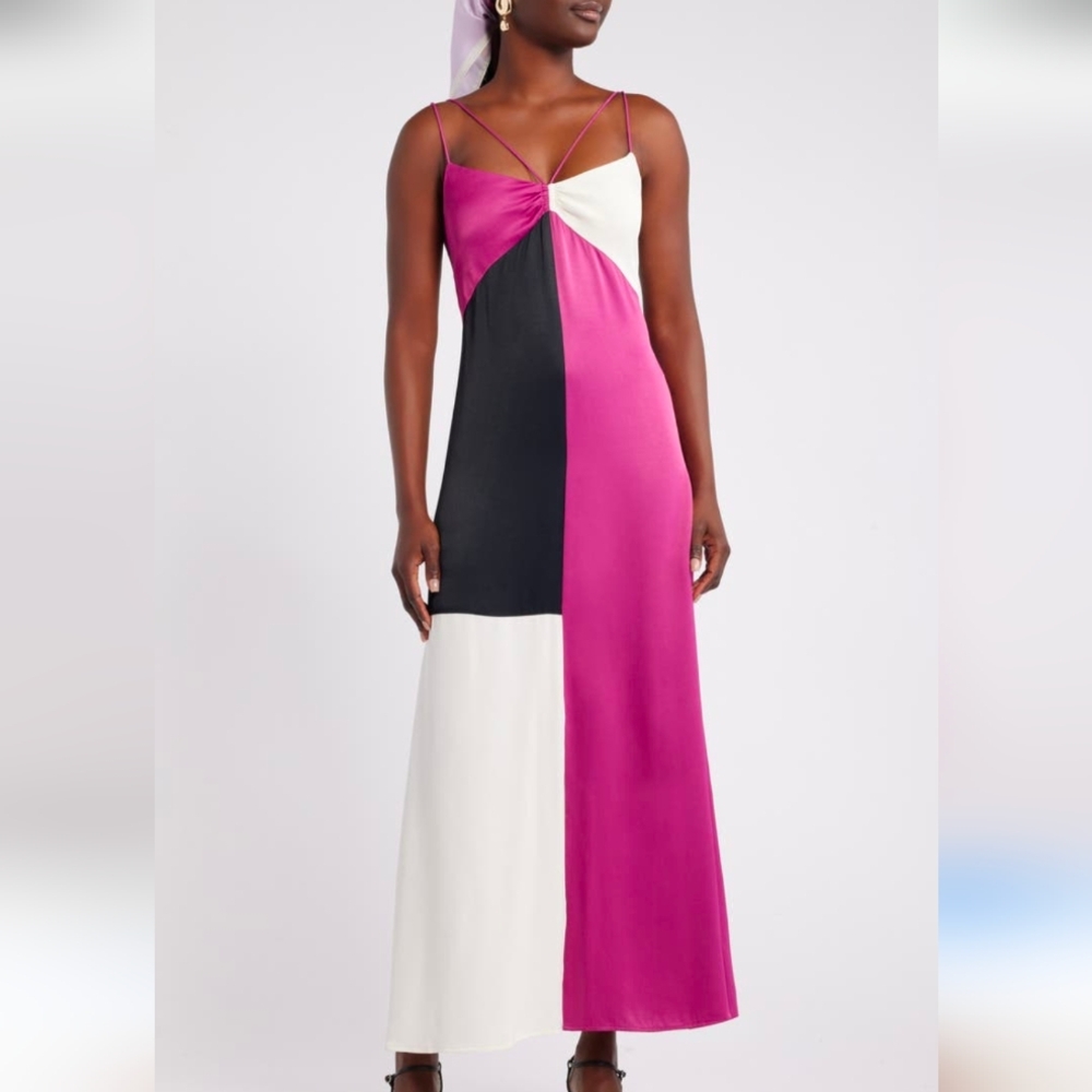 Nordstrom Color Block Purple Ivory Maxi Slip Dress Size‎ Small